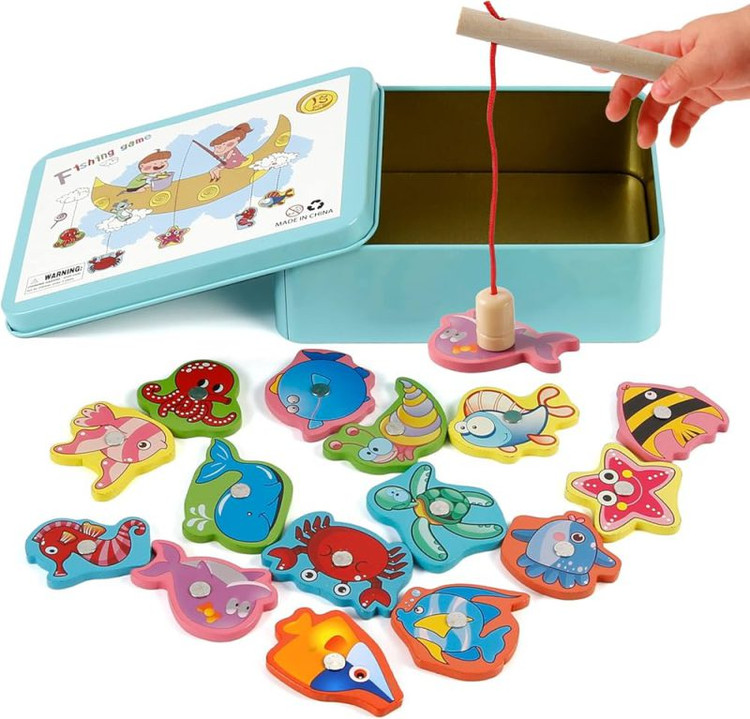 ماهیگیری چوبی مگنتی آبزیان جعبه فلزی