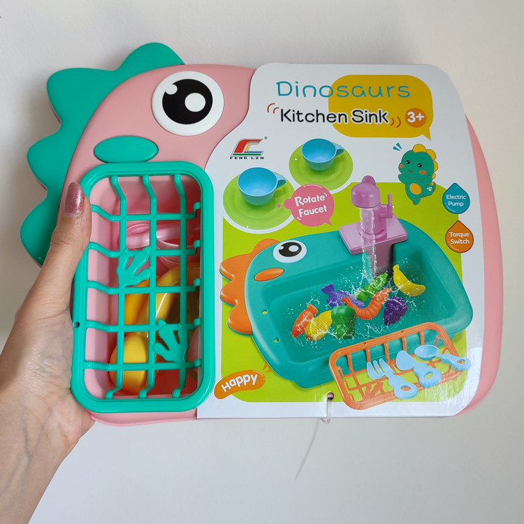 اسباب بازی سینک ظرفشویی کودک طرح دایناسور رنگ صورتی
